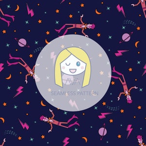 Puede incluir: Un patrón sin costuras que presenta un personaje de dibujos animados con cabello rubio y un atuendo rosa y naranja flotando en el espacio. El fondo es azul oscuro con estrellas, planetas y rayos.