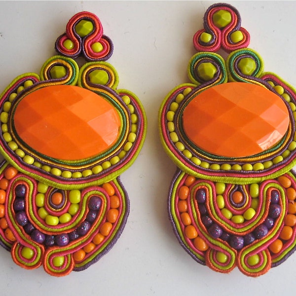 GOOD VIBRATIONS  soutache earrings in orange and neon yellow