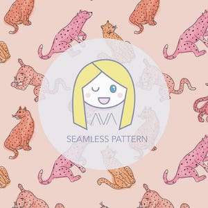 May include: A seamless pattern featuring pink and orange leopards with black spots on a light pink background. The pattern includes a white circle with a line drawing of a girl with blonde hair and the text "AVA SEAMLESS PATTERN".
