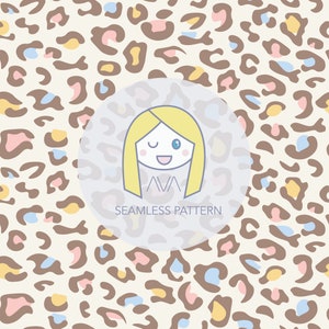 May include: A seamless pattern featuring brown, pink, blue, and yellow leopard spots on a cream background. A circle with a white outline contains a line drawing of a girl with blonde hair, blue eyes, and a winking expression. The text "AVA" and "SEAMLESS PATTERN" are below the girl's image.