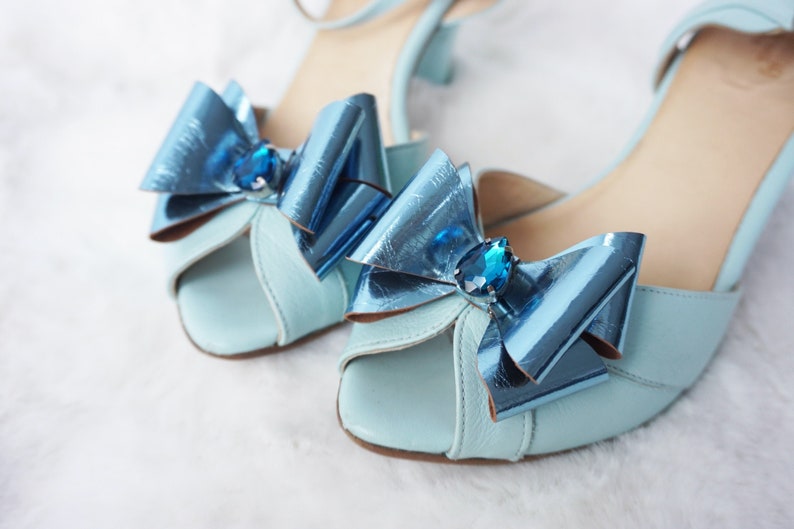 blue leather bow something blue Bow shoe clips Shoe accessories -bridal clip metallic leather shoe clips blue crystal leather bow