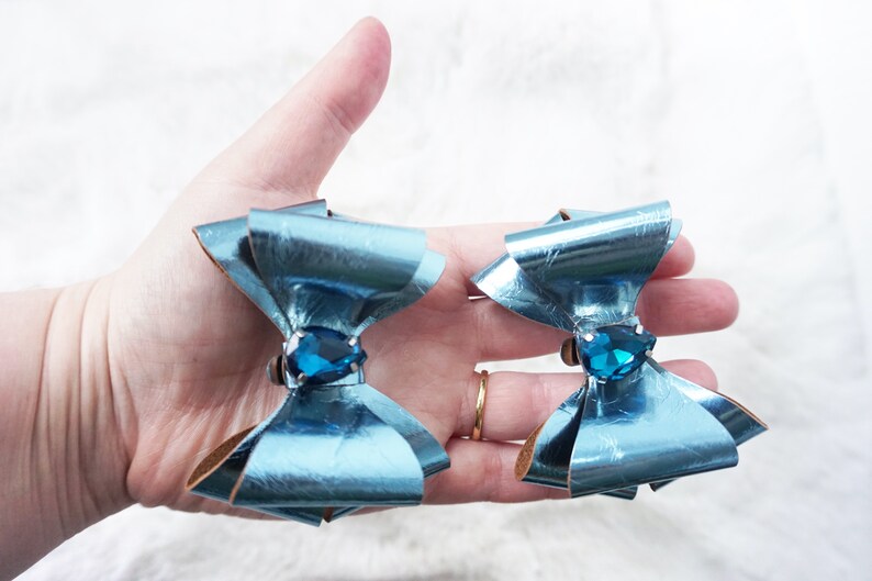 blue leather bow something blue Bow shoe clips Shoe accessories -bridal clip metallic leather shoe clips blue crystal leather bow