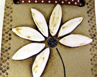 Daisy Wall Plaque with Ladybird and Brown Textured Ribbon by Maggie Betley - Zoo Ceramics - Slab Built + Hand Carved Original Pottery Design