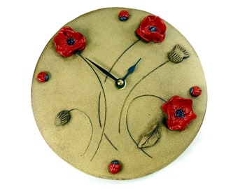 Red Poppy Pottery Wall Clock with Ladybirds by Maggie Betley - Zoo Ceramics - Slab Built Hand Carved Original British Pottery Design