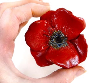 Poppy Hanger Decoration - Bright Red Ceramic Flower for Wall or Table Display - By Zoo Ceramics  - Memorial Gift - Interior or Exterior Use