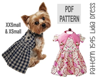 May include: PDF pattern for a dog dress in sizes XXS and XS. The pattern is called "Pattern 1545 Lidia Dress". The image shows a dog wearing a plaid dress and a pink dress with hearts.