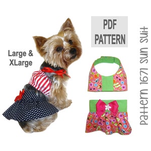 May include: PDF pattern for a dog sun suit in sizes large and extra large. The pattern includes a red and white striped top with a red bow and a pink and green floral skirt with a pink bow.