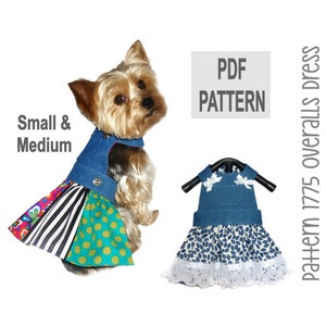 May include: A small dog wearing a denim overall dress with a colorful skirt. The dress has a blue denim bodice and a skirt with a mix of patterns. A second dress is displayed on a hanger. Text reads "PDF PATTERN" and "Small & Medium".