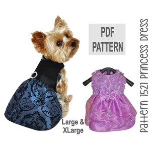 Puede incluir: Patrón PDF para un vestido de princesa para perro. El patrón está disponible en tallas grande y extra grande. La imagen muestra un perro con un vestido azul y negro y un vestido morado.