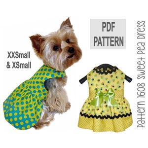 May include: PDF pattern for a dog dress in two sizes: XXS and XS. The dress is yellow with black polka dots and a green bow. The pattern is for a sweet pea dress.