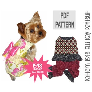 May include: PDF pattern for a dog jumpsuit and a dog dress. The pattern is called "1548 Elli Kay Pant+Suit". The pattern is available in all sizes.