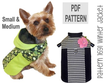 May include: PDF pattern for a dog winter jacket. The pattern is for small and medium sized dogs. The jacket is black and white houndstooth with a pink flower accent. The pattern is available for download.