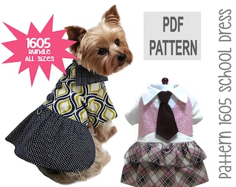 Back to School Dog Dress Sewing Pattern 1605 - Small Pet Dog Cat Clothes Patterns - Pet Dog Cat Dresses - Pet Harnesses - Bundle All Sizes