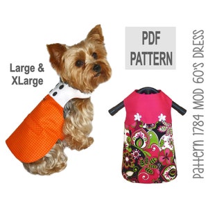 May include: PDF pattern for a dog dress in a 60's mod style. The pattern is available in sizes large and extra large. The dress is pink with a black and white floral print. The pattern is called "1784 Mod 60's Dress".