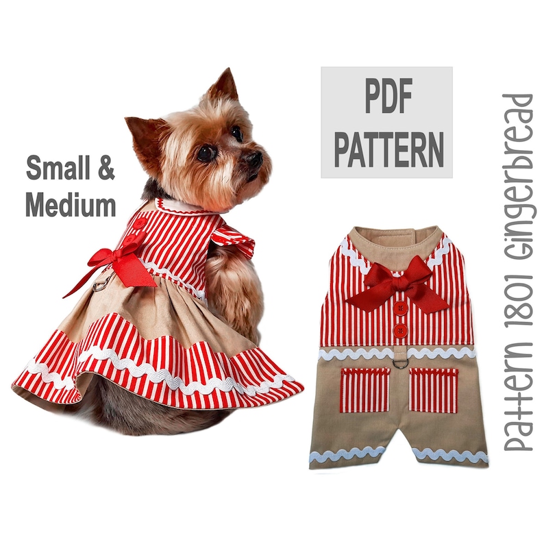 K&ouml;nnte beinhalten: PDF-Schnittmuster f&uuml;r ein Lebkuchen-Hunde-Kost&uuml;m. Das Schnittmuster beinhaltet ein Kleid und einen Overall mit roten und wei&szlig;en Streifen auf einer braunen Basis. Das Schnittmuster ist f&uuml;r kleine und mittelgro&szlig;e Hunde. PDF-Schnittmuster 1801 Lebkuchen.