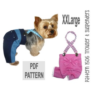 May include: PDF pattern for a pink dog trouser and suspender set in size XXLarge. The pattern is for a dog wearing a blue denim trouser and suspender set.