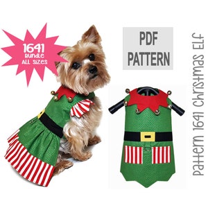 May include: PDF sewing pattern for a green and red Christmas elf costume for a dog. The pattern includes a dress with a red collar, a black belt, and a white and red striped skirt. The pattern also includes a vest with a red collar, a black belt, and a white and red striped pocket. The pattern is available in all sizes.