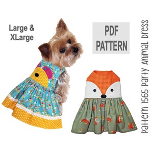Könnte beinhalten: PDF-Muster für ein Hundekleid in den Größen groß und extra groß. Das Kleid hat ein Fuchsdesign mit orangefarbenem und grünem Stoff. Das Muster ist für ein Partytierkleid.