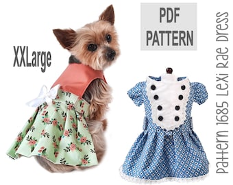 May include: A small dog wearing a coral and floral print dress with a white bow. Next to the dog is a blue and white dress on a mannequin. The image includes the text "XXLarge" and "PDF PATTERN". The text "Pattern 1685 Lexi Rae Dress" is also visible.