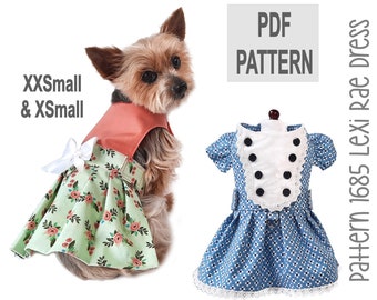 May include: PDF pattern for a dog dress in two sizes, XXS and XS. The dress is blue with white polka dots and a white collar with black buttons. The pattern is called "1685 Lexi Rae Dress".