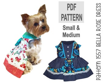 May include: PDF pattern for a Bella Rose dress for small and medium sized dogs. The pattern includes two dresses, one with a floral print and one with a blue and white polka dot print.