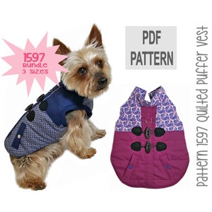 May include: PDF pattern for a quilted puffer vest for dogs. The pattern comes in three sizes and features a navy blue and purple colour scheme with a geometric print. The pattern includes instructions for making a vest with a toggle closure.