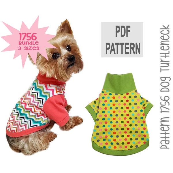 Dog Turtleneck Sewing Pattern 1756 - Pet Dog Cat Clothes Pattern - Dog Cat Shirt - Small Pet Dog Clothes - Dog Cat Sweaters - Bundle 3 Sizes