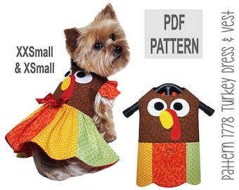 Turkey Dog Dress and Dog Vest Sewing Pattern 1778 - Dog Clothes Patterns - Thanksgiving Dog Clothes - Pet Clothes - Dog Dresses - XXSm & XSm