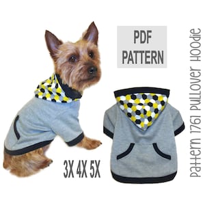 May include: A gray dog hoodie with a black and geometric patterned hood and trim. The hoodie has a front pocket and is modeled on a small dog. Text on the image reads "PDF Pattern" and "3X 4X 5X".