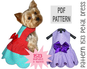 Petal Dog Dress Sewing Pattern 1513 - Dog Clothes Patterns - Dog Dresses - Pet Clothes - Dog Harness - Small Dog Clothes - Bundle 3 Sizes