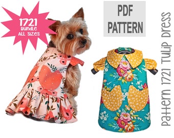 Tulip Dog Dress Sewing Pattern 1721 - Pet Dog Cat Dresses - Small Dog and Cat Clothes Patterns - Dog and Cat Harnesses - Bundle All Sizes