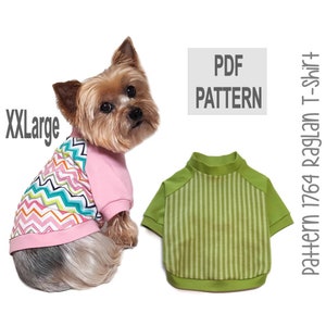 May include: PDF pattern for a dog t-shirt. The pattern is for a raglan style t-shirt and is available in size XX-Large. The image shows a dog wearing a pink and multi-colored t-shirt and a green t-shirt.