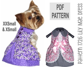 May include: PDF pattern for a dog dress called "Lily Mae Dress" in sizes XXS and XS. The pattern includes two dress styles, one with a purple floral print and the other with a pink floral print and a black and white gingham trim.