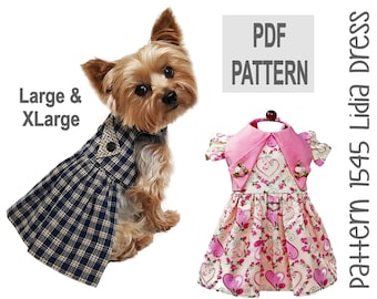 May include: PDF pattern for a dog dress in sizes large and extra large. The pattern is called "Lidia" and features a pink and white floral print with hearts. The pattern is shown on a Yorkshire Terrier wearing a plaid dress.