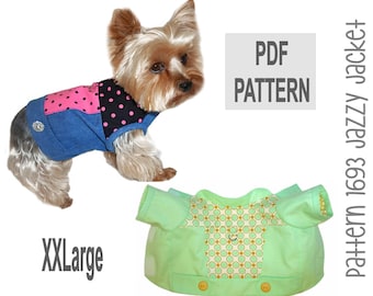 May include: PDF pattern for a green and yellow dog jacket, labeled "pattern 1693 jazzy jacket". The pattern is shown on a stuffed dog wearing the jacket. The pattern is for an XX-Large size.