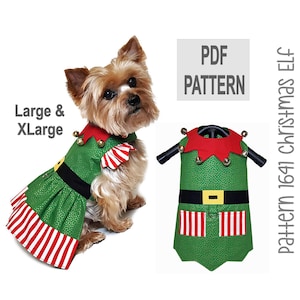 May include: PDF pattern for a green and red Christmas elf costume for a dog. The pattern is available in sizes large and extra large. The pattern includes a green dress with a red collar, a black belt, and red and white striped trim. The pattern also includes a red collar with bells.