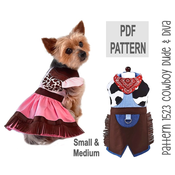 Cowdog Dude and Diva Sewing Pattern 1523 - Cowgirl Dog Dress - Cowboy Dog Chaps - Rodeo Dog Dress - Cowboy Dog and Pet Costumes - Sm & Med