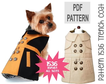 Dog Trench Coat Sewing Pattern 1536 - Pet Dog Cat Clothes - Pet Dog Cat Jackets - Winter Dog Cat Coats - Dog Cat Harness - Bundle All Sizes