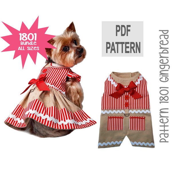 Gingerbread Dog Suit and Dog Dress Sewing Pattern 1801 - Dog Clothes PDF Sewing Pattern - Christmas Dog Cat - Holiday Pet - Bundle All Sizes