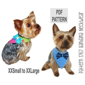 Könnte beinhalten: PDF-Muster für ein Hundehalstuch, mit zwei Yorkshire Terriern, die verschiedene Halstücher tragen. Das Muster ist für die Größen XXSmall bis XXLarge. Der Text "PDF PATTERN" befindet sich auf einem weißen Rechteck in der oberen rechten Ecke. Der Text "Pattern 1767 Bandana Neckwear" befindet sich auf der rechten Seite des Bildes.