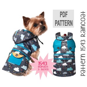 May include: PDF pattern for a dog raincoat with a cloud and raindrop print. The raincoat has a hood and a blue pocket. The pattern is available in three sizes. The pattern is called "Pattern 1543 Raincoat".