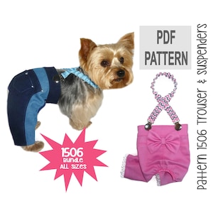 May include: PDF pattern for a dog trouser and suspender set. The pattern is for sizes XS-XL. The image shows a pink trouser with a bow and a blue suspender with a white and pink chevron pattern. The pattern is available as a digital download.