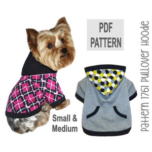 Könnte beinhalten: PDF-Muster für einen Hunde-Hoodie, erhältlich in den Größen klein und mittel. Das Muster beinhaltet eine Kapuze mit einem geometrischen Design in Schwarz, Weiß und Gelb. Der Hoodie ist grau mit schwarzem Besatz. Das Muster ist für einen Pullover-Hoodie.
