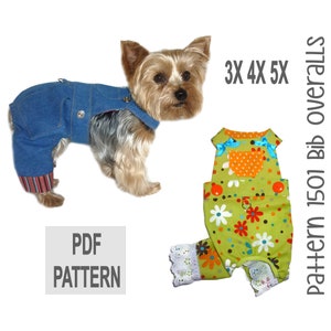 May include: PDF pattern for a dog bib overall in sizes 3X, 4X, and 5X. The pattern shows a green bib overall with a floral print and a blue denim bib overall.