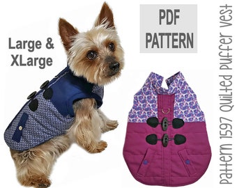 Quilted Puffer Dog Vest Sewing Pattern 1597 - Pet Dog Cat Harness Vests - Pet Dog Cat Winter Clothes - Pet Dog Cat Winter Jackets - Lg & XLg