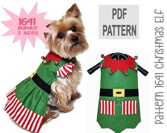 Christmas Elf Dog Dress and Dog Vest Sewing Pattern 1641 - Dog Clothes PDF Sewing Pattern - Christmas Dog Outfit - Dog Gift - Bundle 3 Sizes