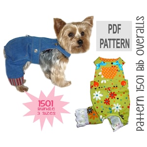 May include: PDF sewing pattern for a dog bib overall. The pattern is available in three sizes and features a green and orange floral print with white daisies. The pattern is called "1501 Bib Overalls".