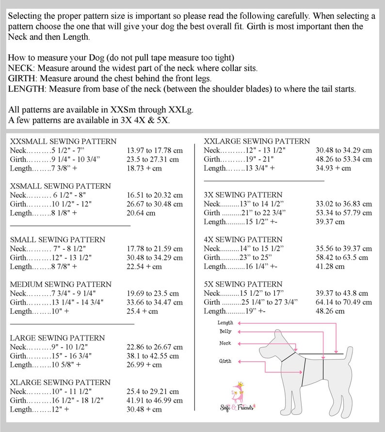 May include: A chart with instructions on how to measure a dog for a sewing pattern. The chart includes measurements for neck, girth, and length in inches and centimeters. The chart also includes a diagram of a dog wearing a pink and white sewing pattern.