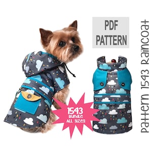 May include: PDF pattern for a dog raincoat with a blue and gray cloud print. The pattern is available in all sizes and is called "Pattern 1543 Raincoat".