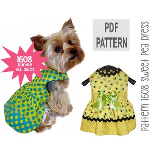May include: PDF pattern for a dog dress. The dress is yellow with black polka dots and a green bow. The pattern is called "1608 Sweet Pea Dress" and is available in all sizes.